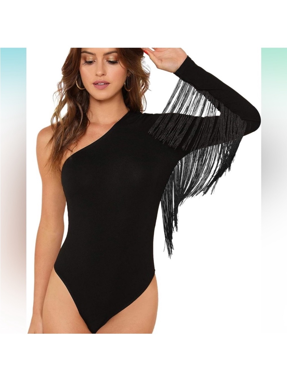 Black One-Shoulder Fringe Bodysuit - Women
